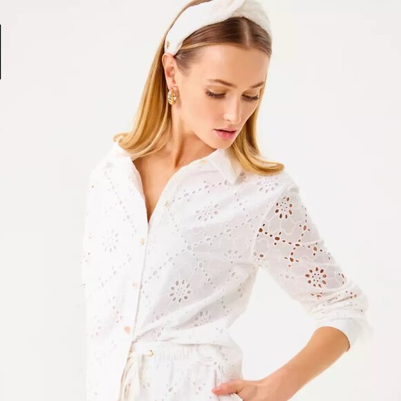 Lilly Pulitzer Eyelet Button Down Blouse XL | Coastal Resort Spring Top - Picture 2 of 12